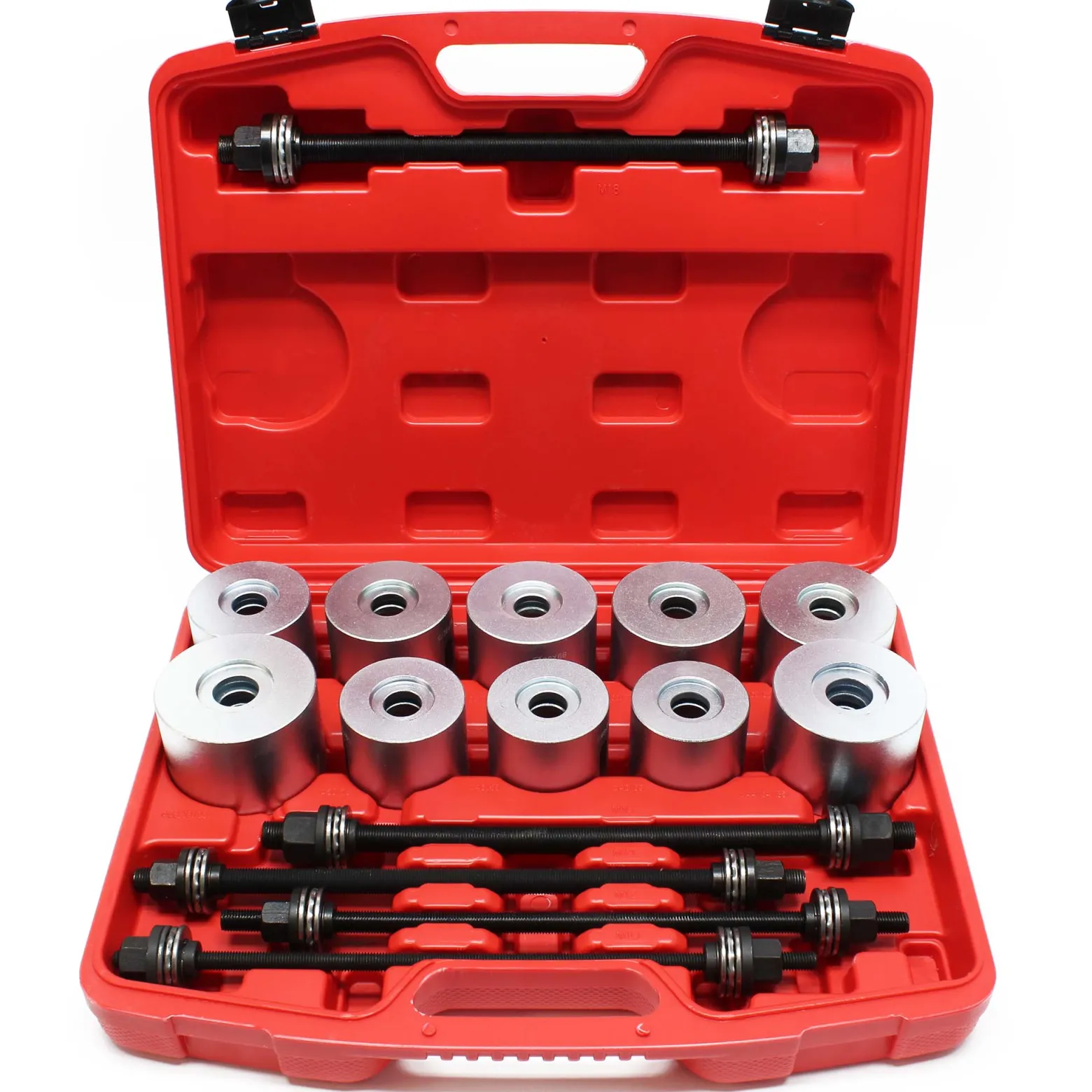 Wiltec Silentlager Abzieher Satz 27 teilig, Ausdrücker für Achslager, Werkzeug für Silentlager mit 22 Hülsen M10-M18 und 5 Spindeln