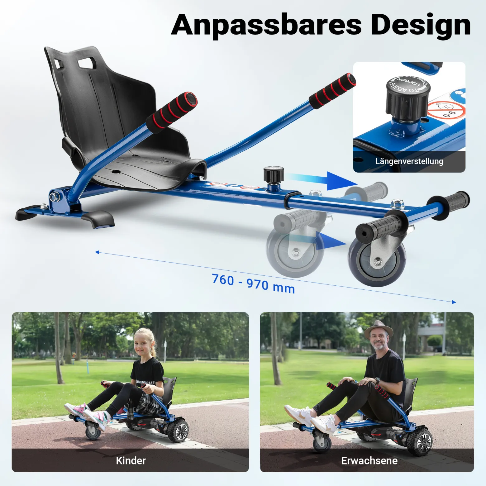 Wiltec Sitzscooter Blau, verstellbarer Kartsitz für Elektroscooter bis 120 kg, Sitzscooter kompatibel mit Hoverboards, ergonomischer Sitz