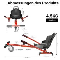 Wiltec Sitzscooter Rot, verstellbarer Kartsitz für Elektroscooter bis 120 kg, Sitzscooter kompatibel mit Hoverboards, ergonomischer Sitz