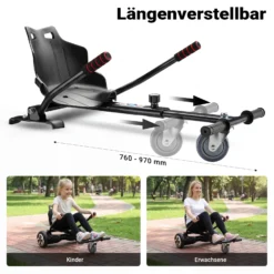 Wiltec Sitzscooter Schwarz, verstellbarer Kartsitz für Elektroscooter bis 120 kg, Sitzscooter kompatibel mit Hoverboards, ergonomischer Sitz