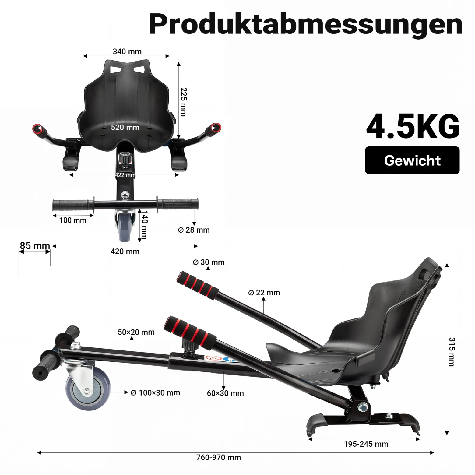 Wiltec Sitzscooter Schwarz, verstellbarer Kartsitz für Elektroscooter bis 120 kg, Sitzscooter kompatibel mit Hoverboards, ergonomischer Sitz