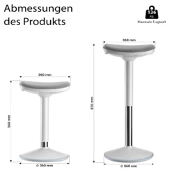 Wiltec Sitz- & Stehhocker grau, Drehhocker höhenverstellbar bis 82 cm, Polsterhocker bis 135 kg, moderner Hocker drehbar für Büro und Homeoffice
