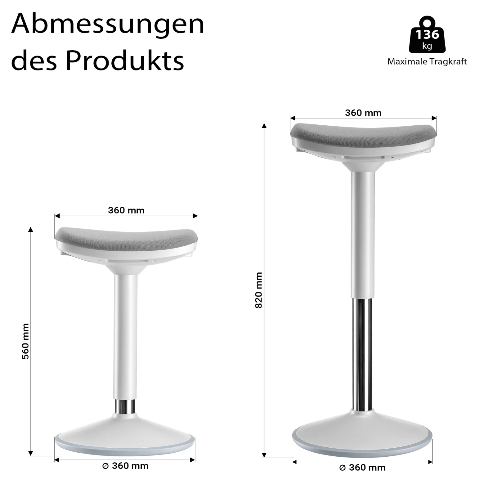 Wiltec Sitz- & Stehhocker grau, Drehhocker höhenverstellbar bis 82 cm, Polsterhocker bis 135 kg, moderner Hocker drehbar für Büro und Homeoffice