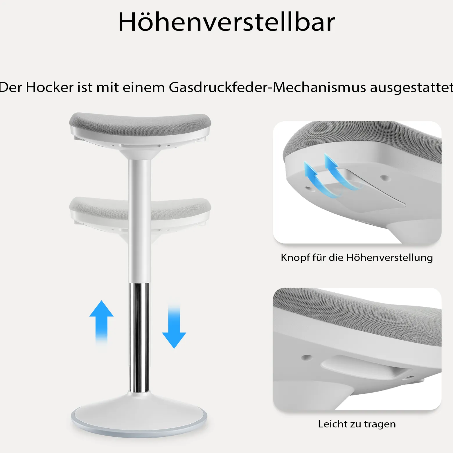 Wiltec Sitz- & Stehhocker grau, Drehhocker höhenverstellbar bis 82 cm, Polsterhocker bis 135 kg, moderner Hocker drehbar für Büro und Homeoffice