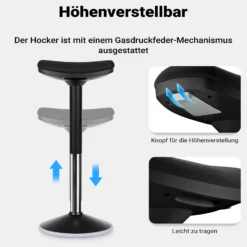 Wiltec Sitz- & Stehhocker schwarz, Drehhocker höhenverstellbar bis 82 cm, Polsterhocker bis 135 kg, moderner Hocker drehbar für Büro und Homeoffice