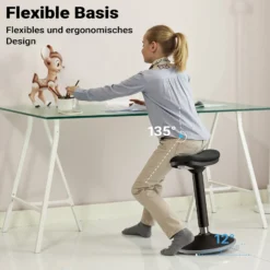 Wiltec Sitz- & Stehhocker schwarz, Drehhocker höhenverstellbar bis 82 cm, Polsterhocker bis 135 kg, moderner Hocker drehbar für Büro und Homeoffice