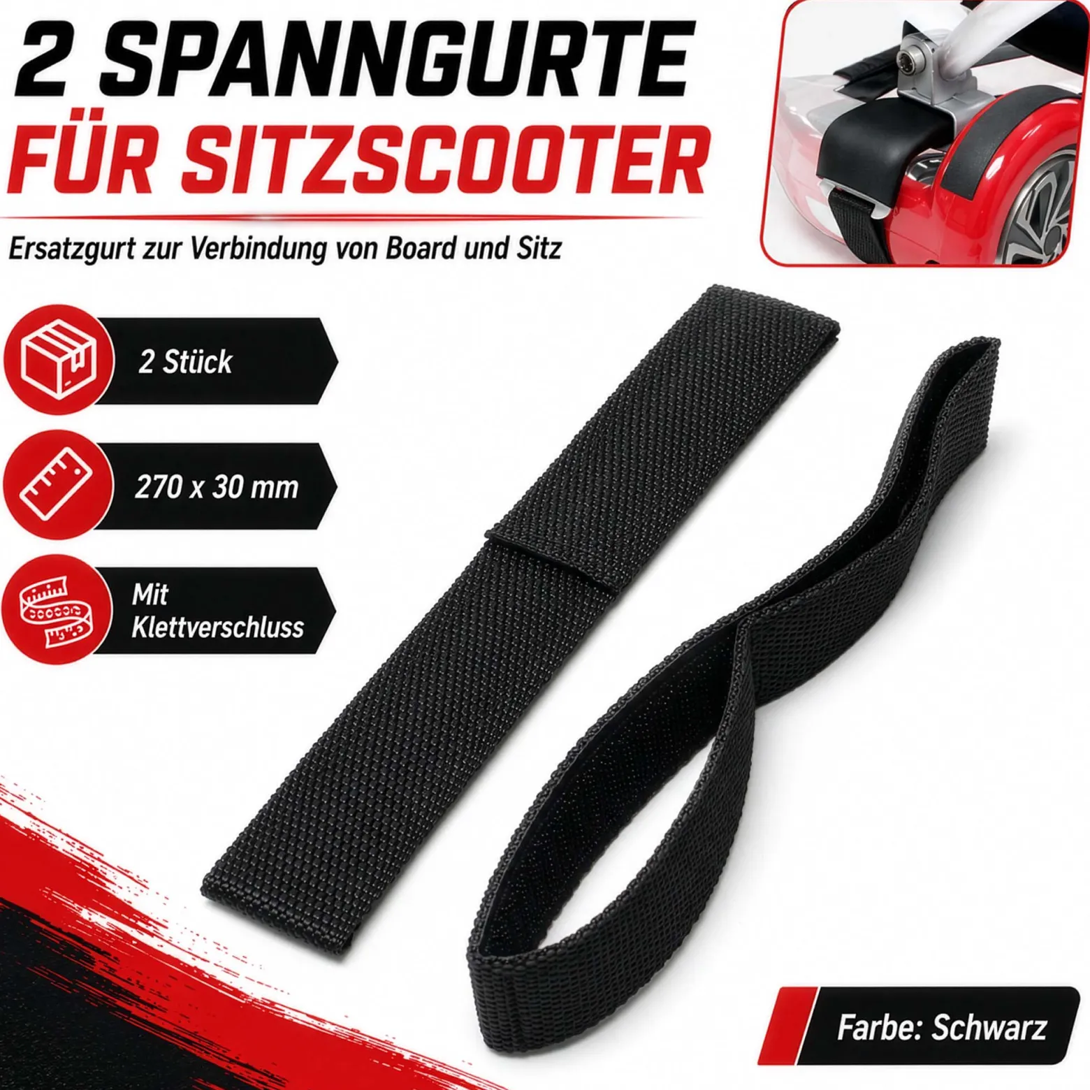 Wiltec Spanngurte für Sitzscooter 270 x 30 mm, 2 Stück Ersatzgurt zur Verbindung von Board und Sitz, Ersatzriemen mit Klettverschluss