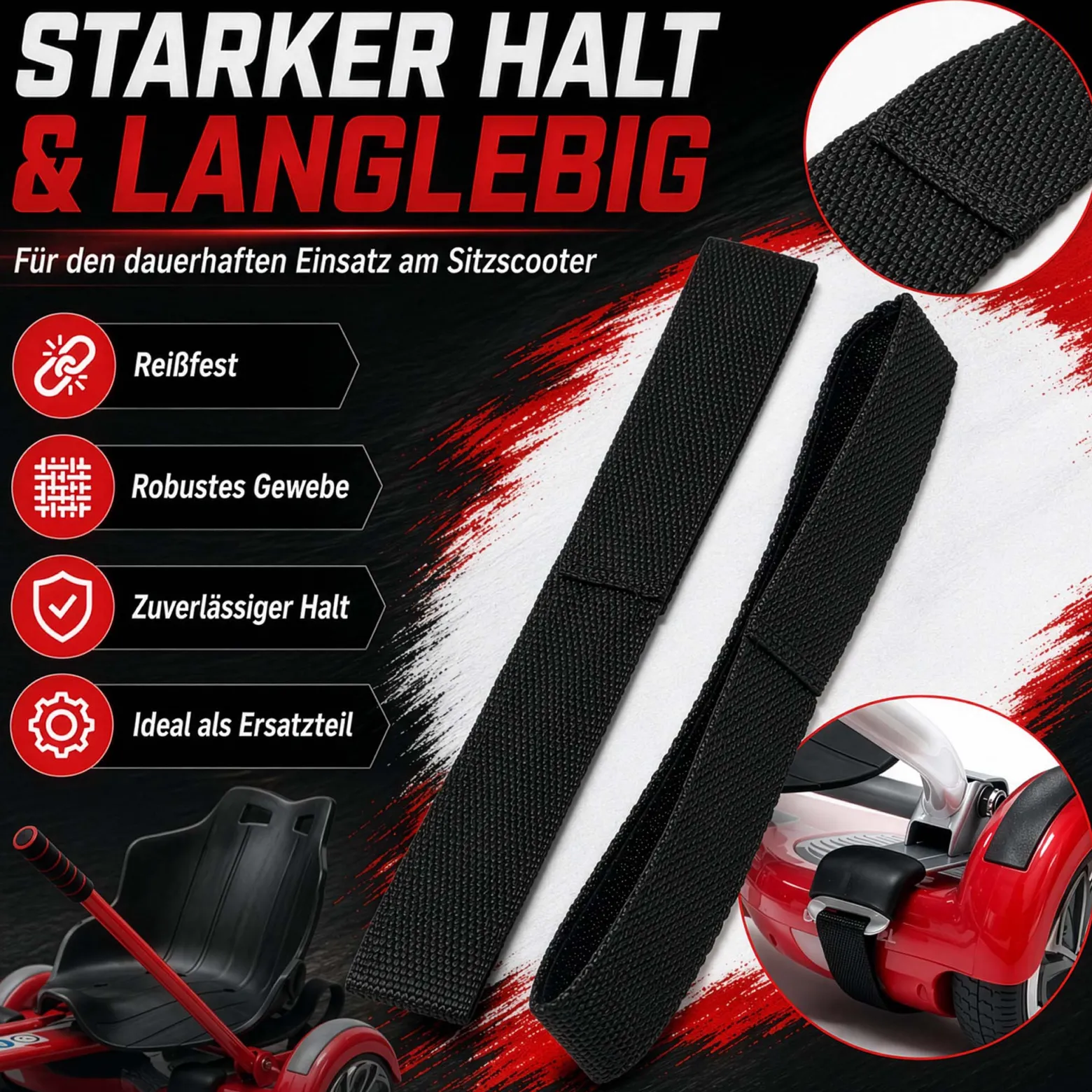 Wiltec Spanngurte für Sitzscooter 270 x 30 mm, 2 Stück Ersatzgurt zur Verbindung von Board und Sitz, Ersatzriemen mit Klettverschluss