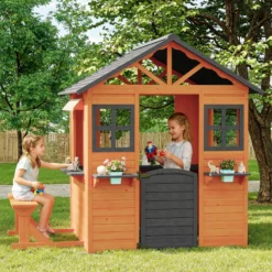 Wiltec Spielhaus für Kinder 178 x 126 x 158 cm aus Tannenholz, Kinderspielhaus für Outdoor, Gartenspielhaus mit Sitzbank und Blumentöpfe