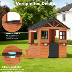 Wiltec Spielhaus für Kinder 178 x 126 x 158 cm aus Tannenholz, Kinderspielhaus für Outdoor, Gartenspielhaus mit Sitzbank und Blumentöpfe