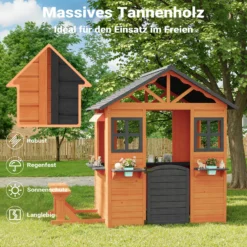 Wiltec Spielhaus für Kinder 178 x 126 x 158 cm aus Tannenholz, Kinderspielhaus für Outdoor, Gartenspielhaus mit Sitzbank und Blumentöpfe