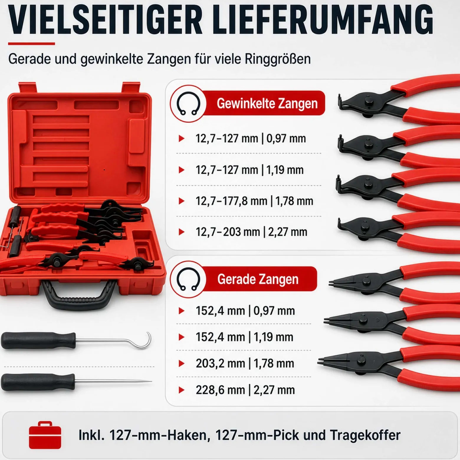 Wiltec Sprengring Zange 11 teilig, 12,7-203 mm, Seegeringzange für Außenringe und Innenringe, Sicherungszangen Set im Koffer