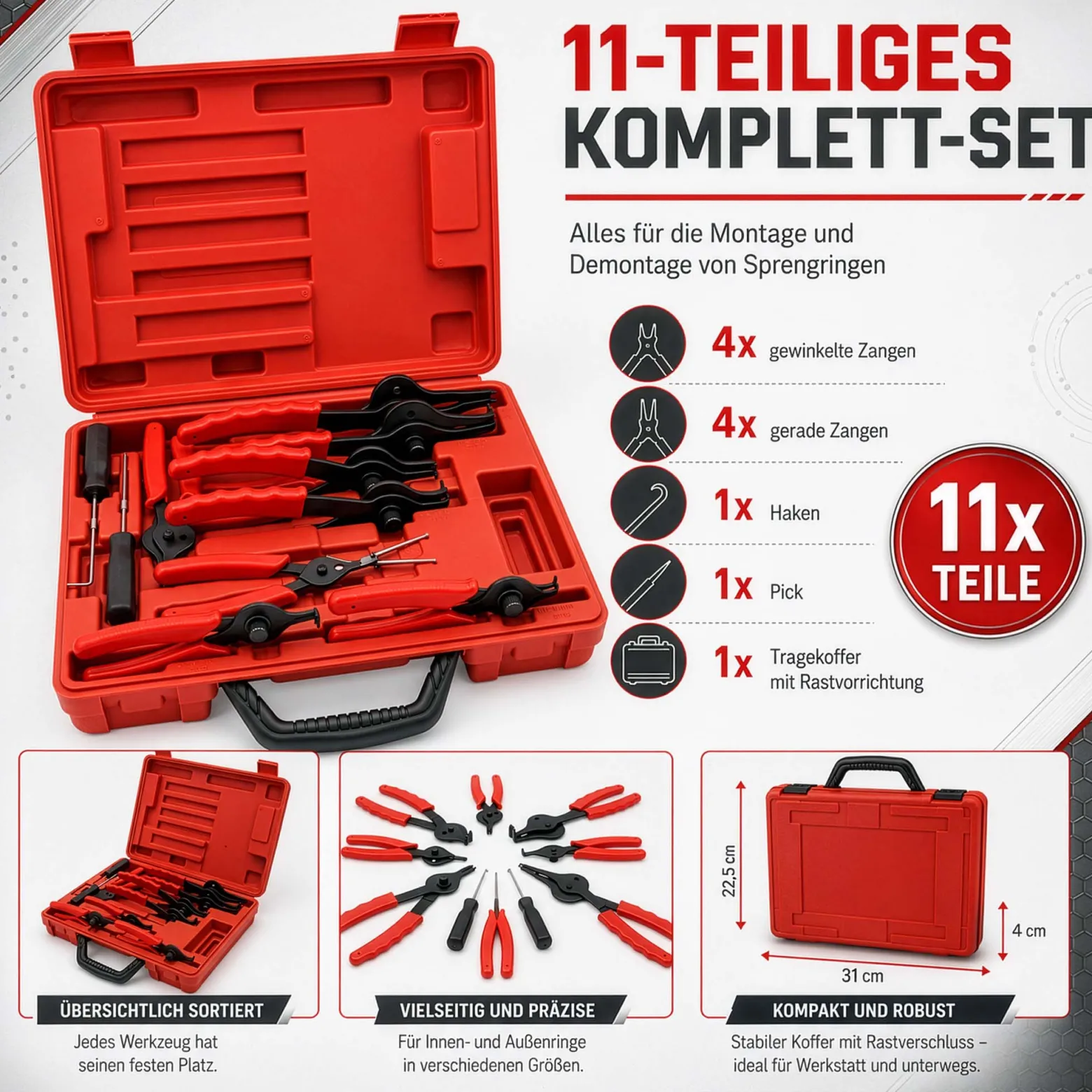Wiltec Sprengring Zange 11 teilig, 12,7-203 mm, Seegeringzange für Außenringe und Innenringe, Sicherungszangen Set im Koffer