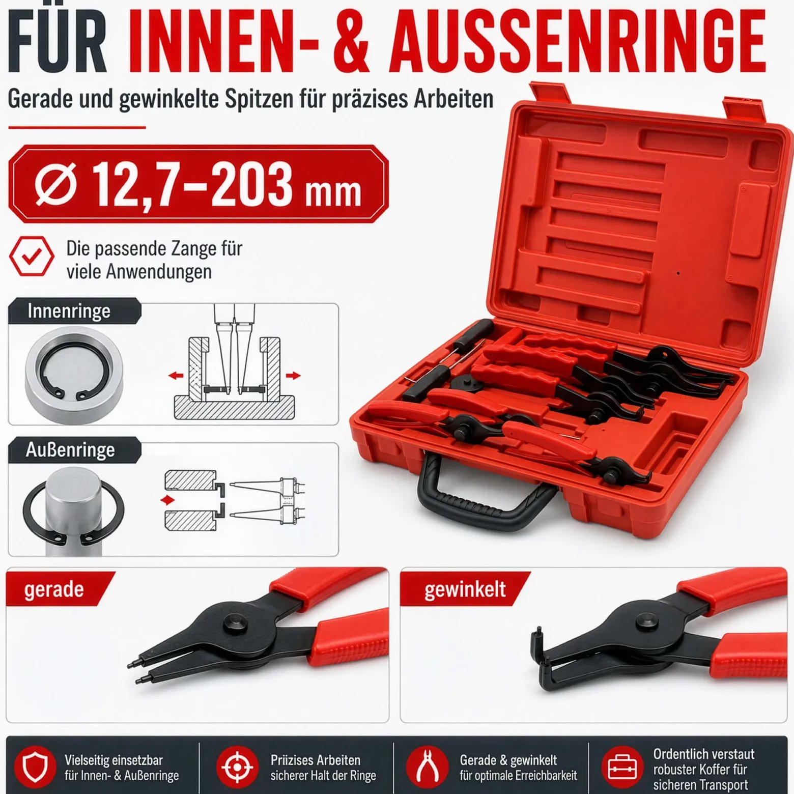 Wiltec Sprengring Zange 11 teilig, 12,7-203 mm, Seegeringzange für Außenringe und Innenringe, Sicherungszangen Set im Koffer