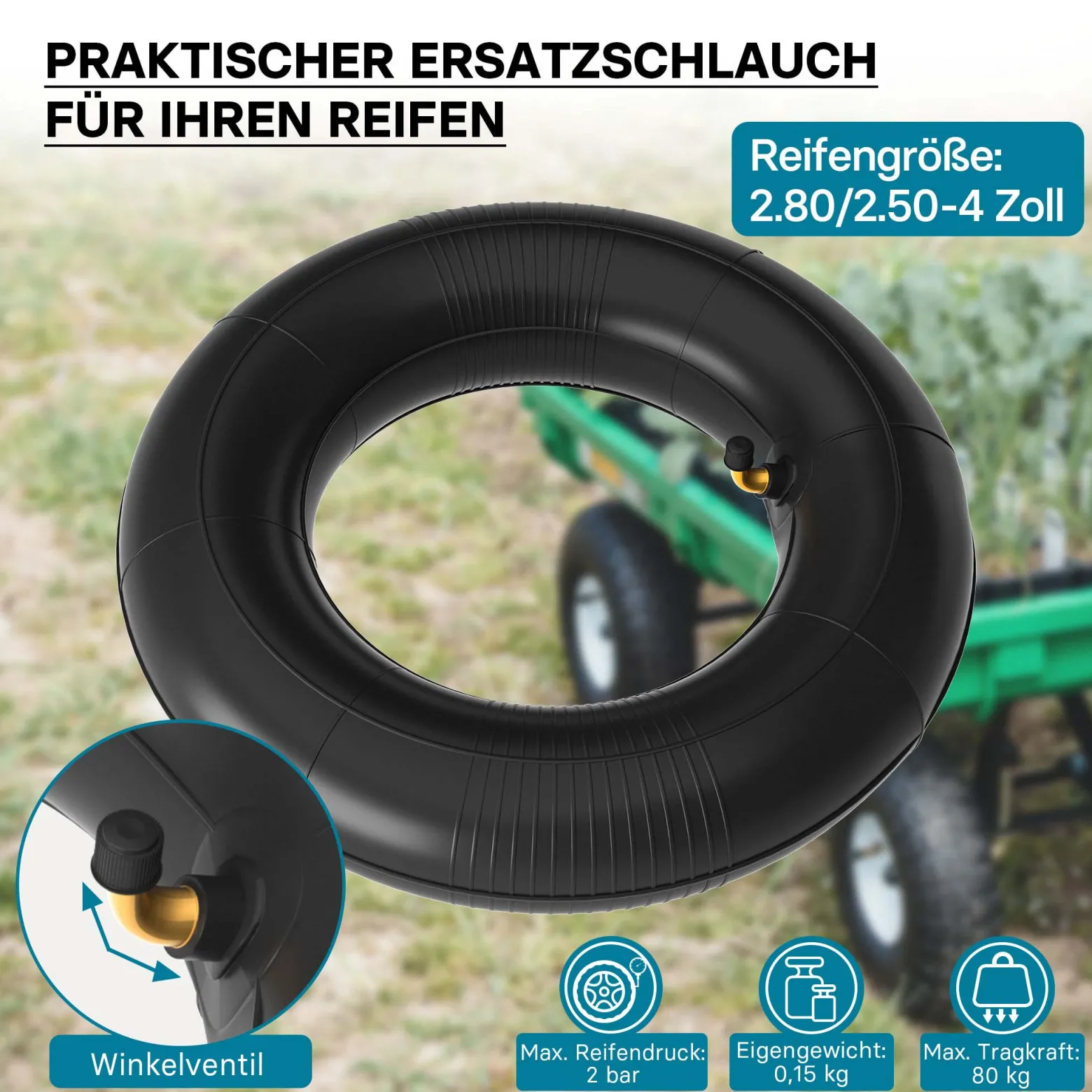 Wiltec Standard Schlauch für Reifen Größe 2.80/2.50-4, bis 80 kg Traglast, mit abgewinkeltem Ventil TR87 für Schubkarren, Sackkarren und E-Scooter
