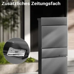 Wiltec Standbriefkasten mit Zeitungsrolle in Anthrazit 395 x 142 x 1150 mm aus Stahl, Briefkasten mit Zeitungsfach, Postkasten mit 2 Schlüssel