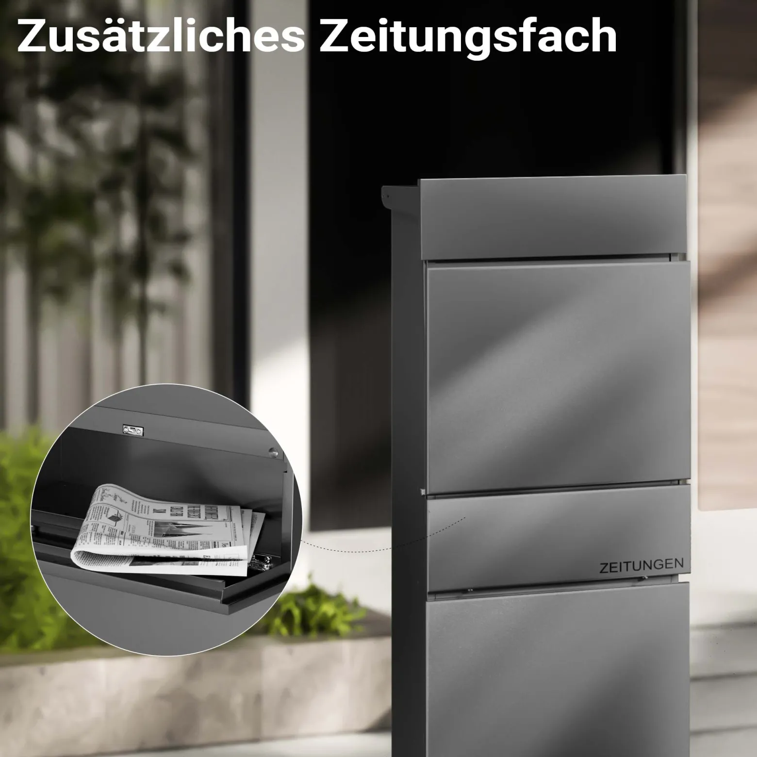 Wiltec Standbriefkasten mit Zeitungsrolle in Anthrazit 395 x 142 x 1150 mm aus Stahl, Briefkasten mit Zeitungsfach, Postkasten mit 2 Schlüssel