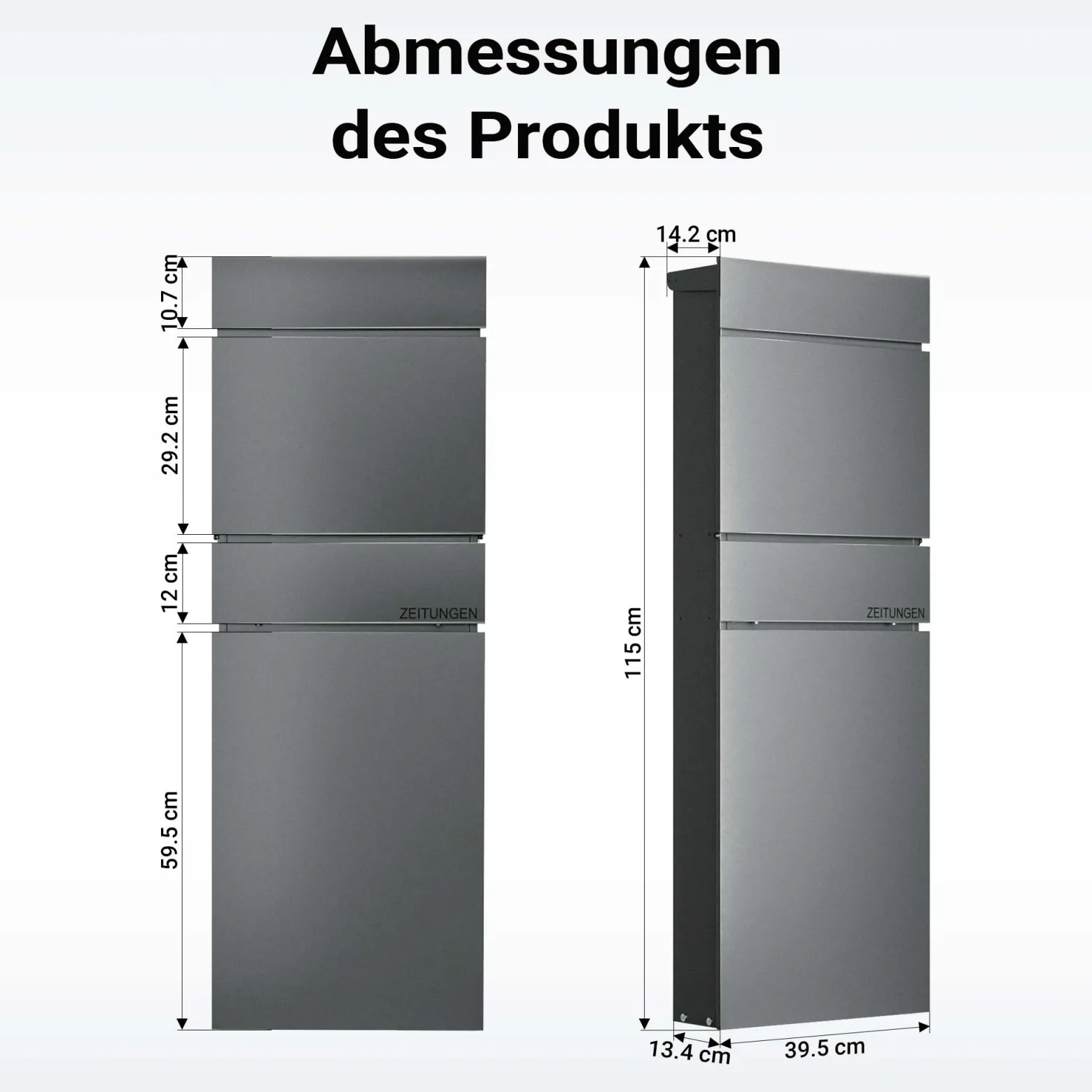 Wiltec Standbriefkasten mit Zeitungsrolle in Anthrazit 395 x 142 x 1150 mm aus Stahl, Briefkasten mit Zeitungsfach, Postkasten mit 2 Schlüssel