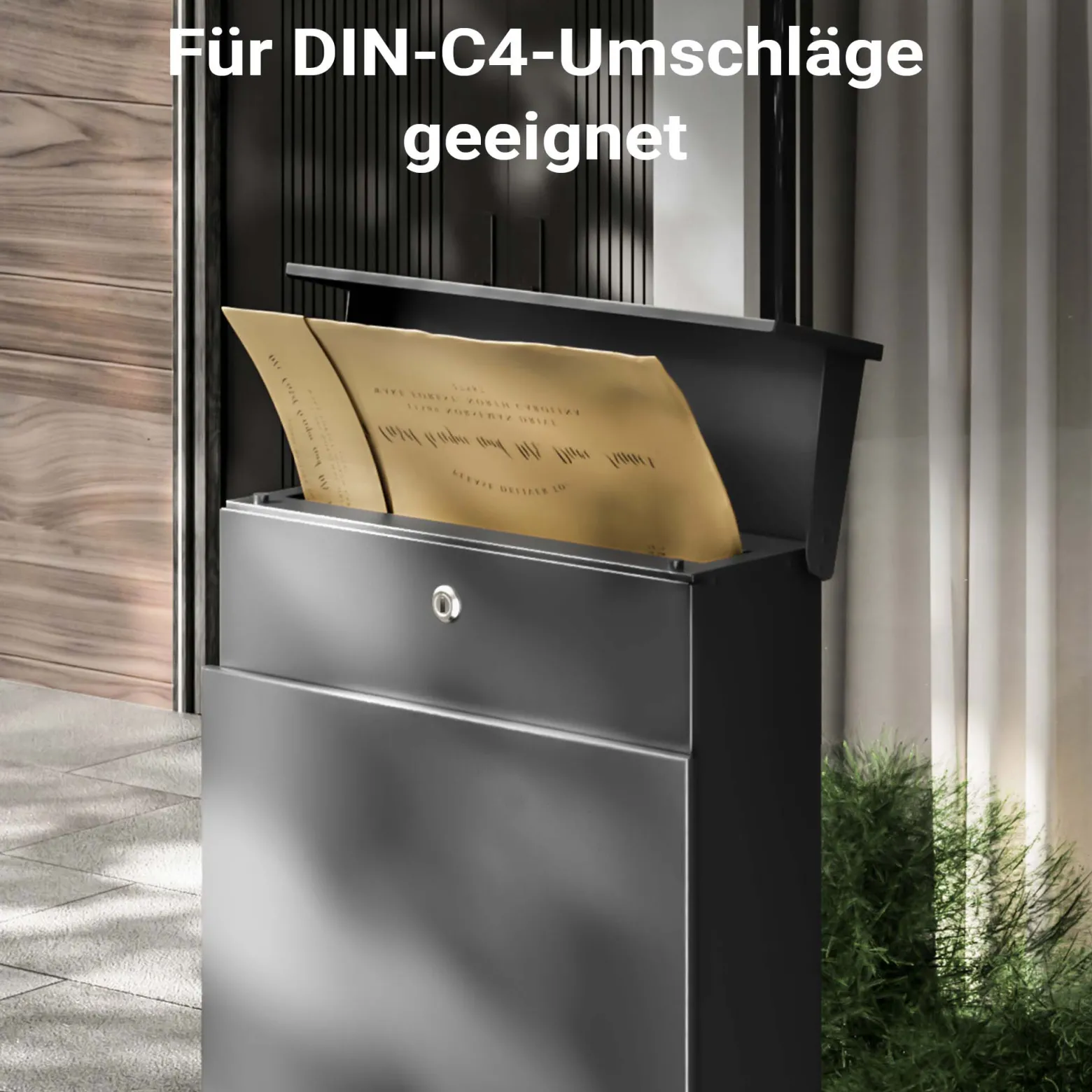 Wiltec Standbriefkasten mit Zeitungsrolle in Anthrazit 395 x 142 x 1150 mm aus Stahl, Briefkasten mit Zeitungsfach, Postkasten mit 2 Schlüssel