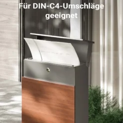 Wiltec Standbriefkasten mit Zeitungsrolle in Holzoptik 395 x 142 x 1150 mm aus Stahl, Briefkasten mit Zeitungsfach, Postkasten mit 2 Schlüssel