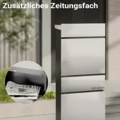 Wiltec Standbriefkasten mit Zeitungsrolle in Silberfarben 395 x 142 x 1150 mm aus Stahl, Briefkasten mit Zeitungsfach, Postkasten mit 2 Schlüssel