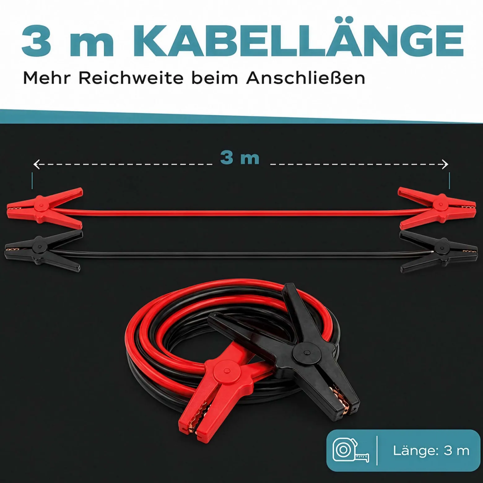 Wiltec Starthilfekabel 220 A 16 mm² 3 m mit Überspannungsschutz für Benzin- u. Dieselmotoren