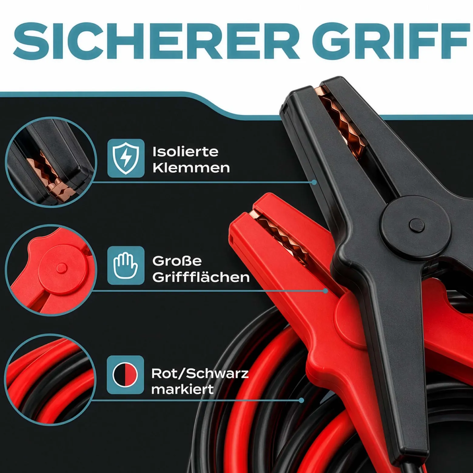 Wiltec Starthilfekabel 220 A 16 mm² 3 m mit Überspannungsschutz für Benzin- u. Dieselmotoren