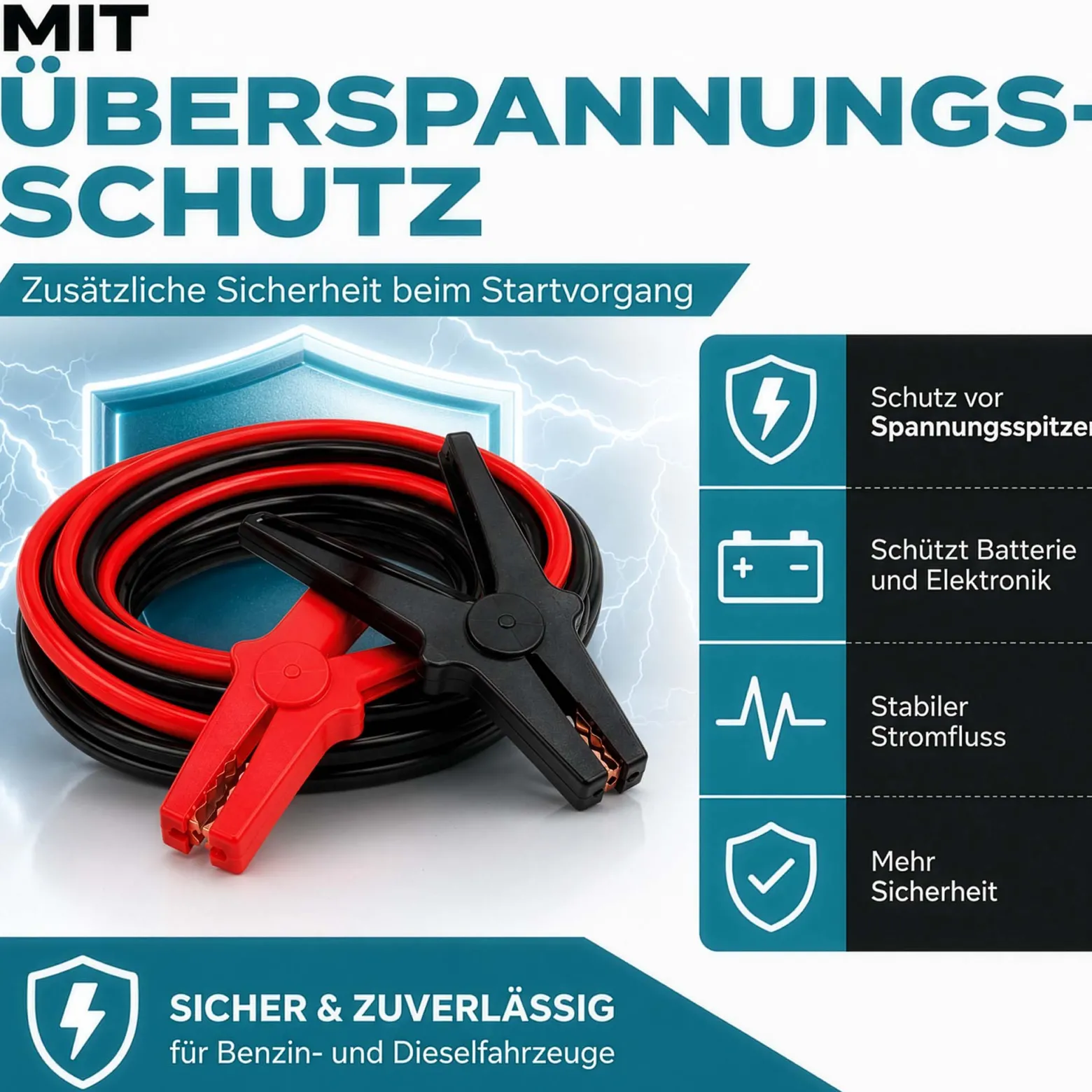 Wiltec Starthilfekabel 350 A 25 mm² 3 m mit Überspannungsschutz für Benzin- u. Dieselmotoren