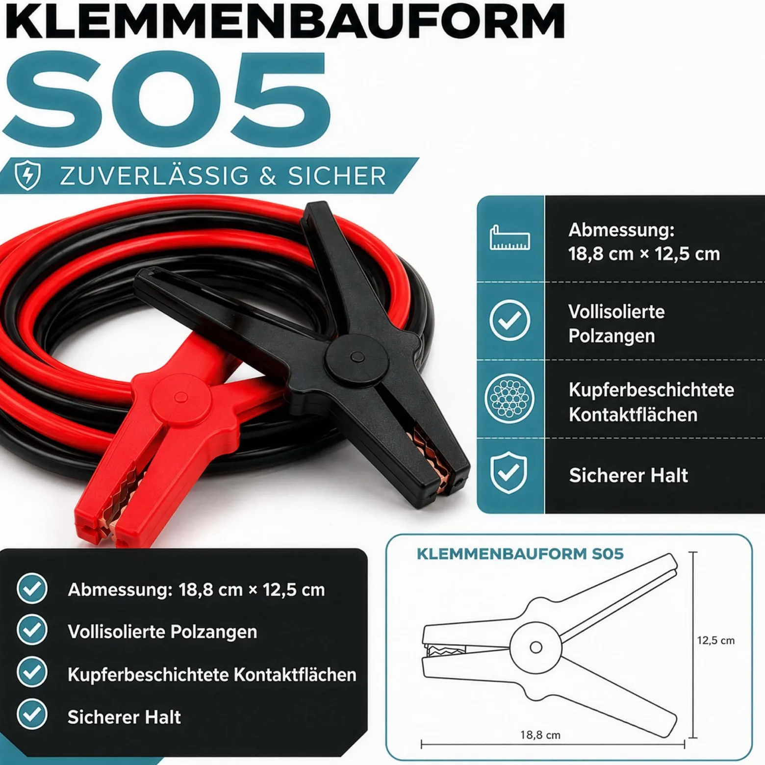 Wiltec Starthilfekabel 350 A 25 mm² 3 m mit Überspannungsschutz für Benzin- u. Dieselmotoren