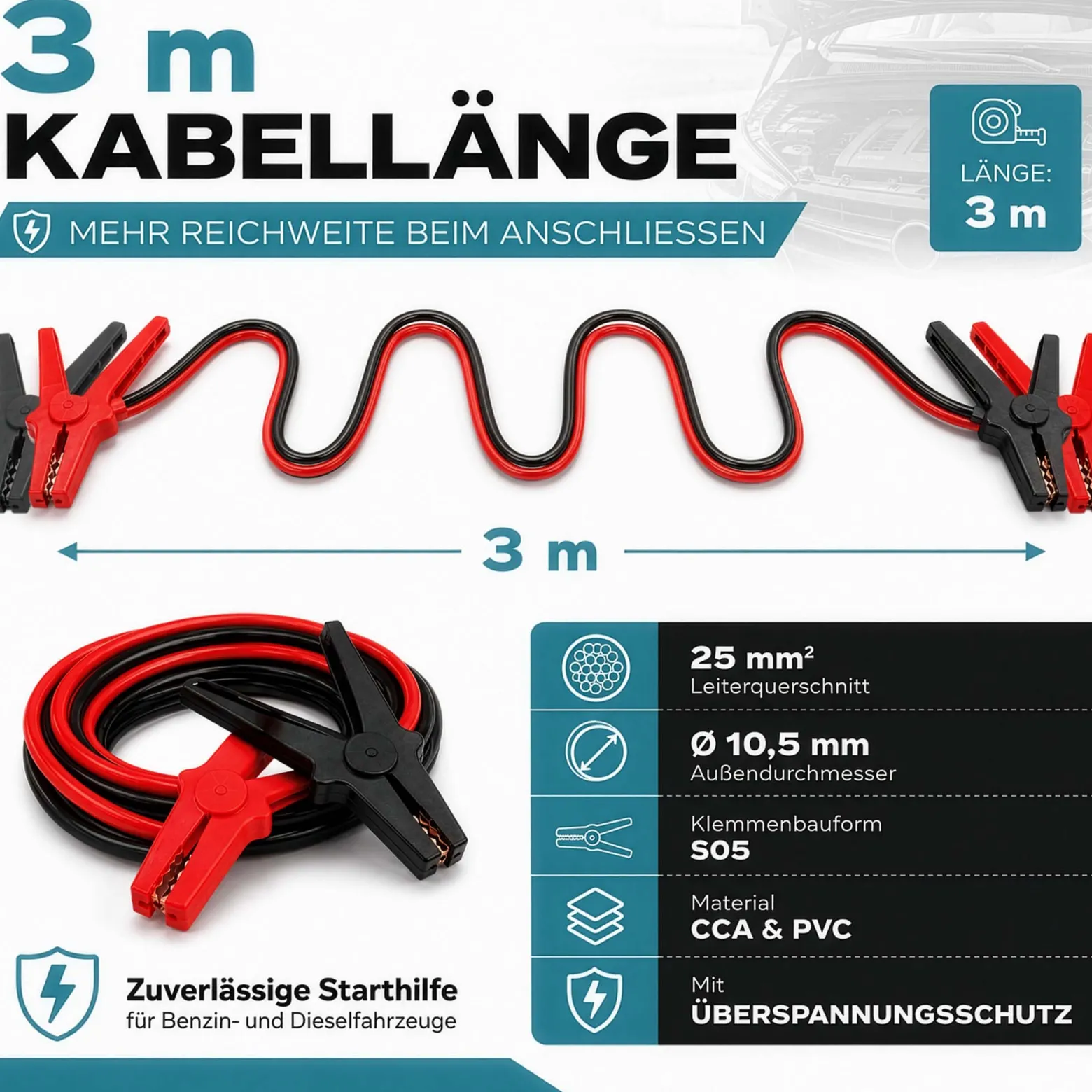Wiltec Starthilfekabel 350 A 25 mm² 3 m mit Überspannungsschutz für Benzin- u. Dieselmotoren
