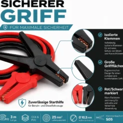Wiltec Starthilfekabel 350 A 25 mm² 3 m mit Überspannungsschutz für Benzin- u. Dieselmotoren
