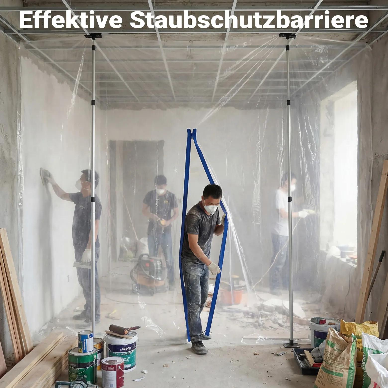 Wiltec Staubschutzwand 4 x 10 m, Renovierungs-Set Staubwand mit Reißverschluss für Folientür und Teleskopstangen 1,5-3,9 m, Trennwand für Renovierung