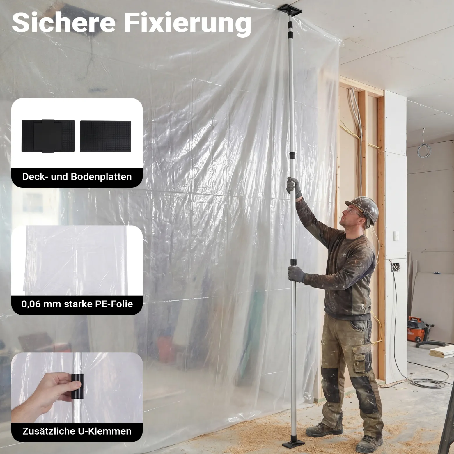 Wiltec Staubschutzwand 4 x 10 m, Renovierungs-Set Staubwand mit Reißverschluss für Folientür und Teleskopstangen 1,5-3,9 m, Trennwand für Renovierung