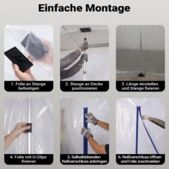 Wiltec Staubschutzwand 4 x 10 m, Renovierungs-Set Staubwand mit Reißverschluss für Folientür und Teleskopstangen 1,5-3,9 m, Trennwand für Renovierung