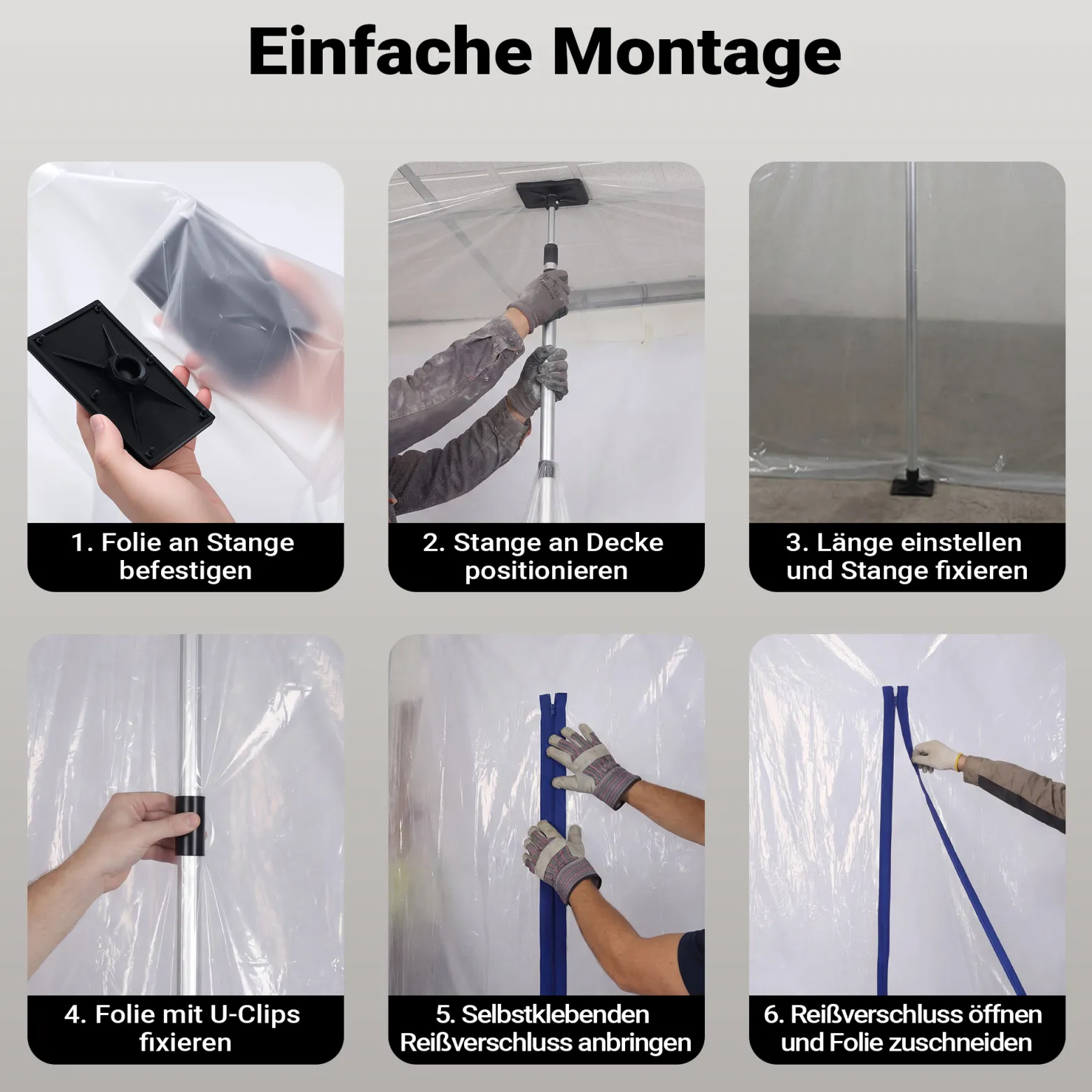Wiltec Staubschutzwand 4 x 10 m, Renovierungs-Set Staubwand mit Reißverschluss für Folientür und Teleskopstangen 1,5-3,9 m, Trennwand für Renovierung