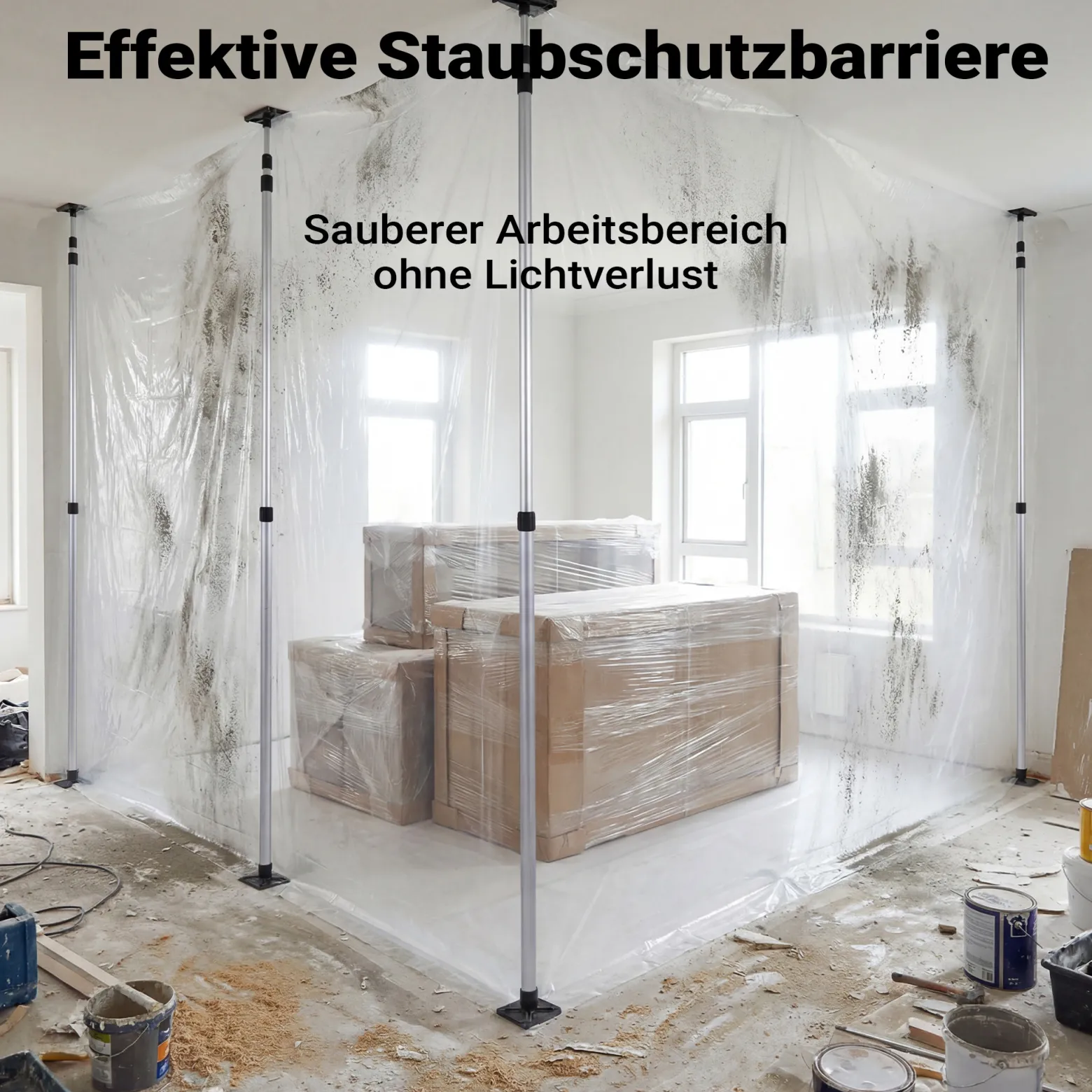 Wiltec Staubschutzwand 4 x 10 m, Renovierungs-Set Staubwand mit Reißverschluss für Folientür und Teleskopstangen 1,5-3,9 m, Trennwand für Renovierung