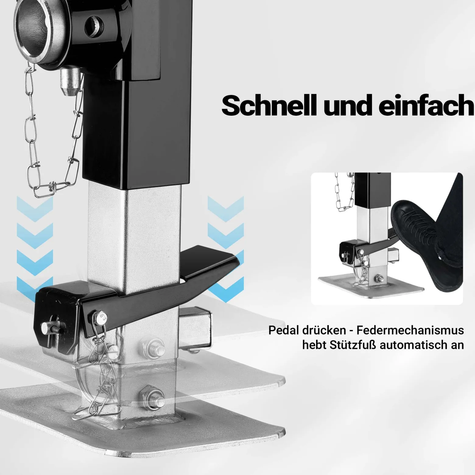 Wiltec Stützfuß 900 kg Kurbel oben mit Rohrhalterung, höhenverstellbare Anhängerstütze mit Fußpedal, Abstellstütze für Wohnwagen und Anhänger, Wohnwagenstütze mit Sicherungsstift