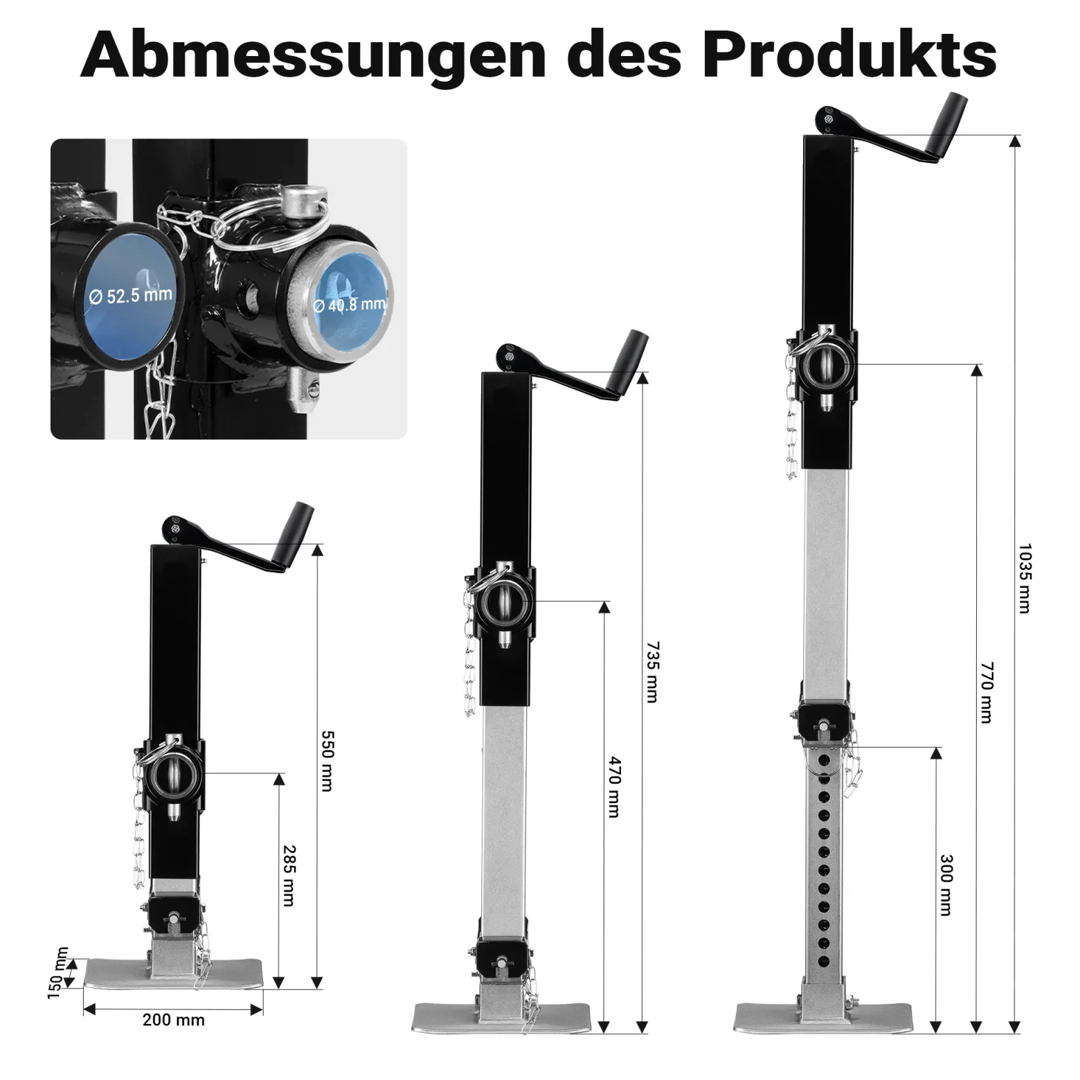 Wiltec Stützfuß 900 kg Kurbel oben mit Rohrhalterung, höhenverstellbare Anhängerstütze mit Fußpedal, Abstellstütze für Wohnwagen und Anhänger, Wohnwagenstütze mit Sicherungsstift