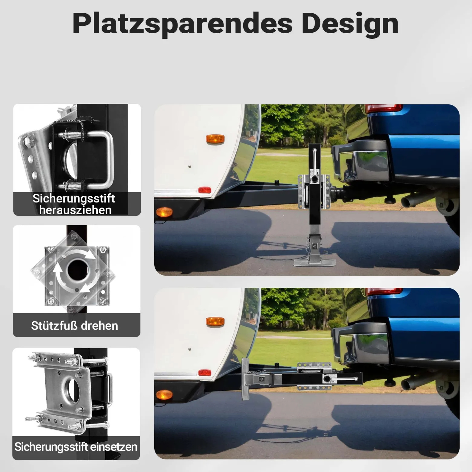 Wiltec Stützfuß 900 kg Kurbel seitlich mit Schwenkhalterung, höhenverstellbare Anhängerstütze mit Fußpedal, Abstellstütze für Wohnwagen und Anhänger, Wohnwagenstütze mit Sicherungsstift