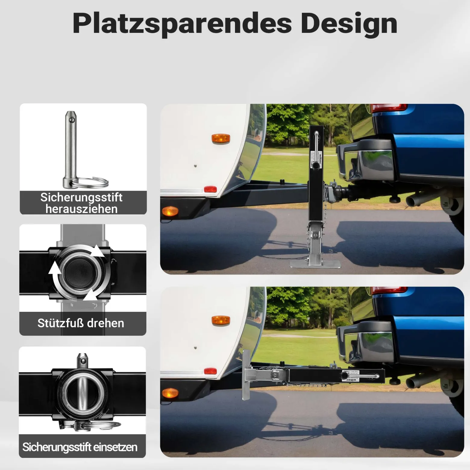 Wiltec Stützfuß 900 kg Kurbel seitlich mit Rohrhalterung, höhenverstellbare Anhängerstütze mit Fußpedal, Abstellstütze für Wohnwagen und Anhänger, Wohnwagenstütze mit Sicherungsstift