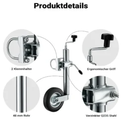 Wiltec Stützrad für Anhänger bis 362 kg ø48 mm, Bugrad inkl. Klemmhalter & Schellen, Abstellstütze mit pannensicheren Reifen