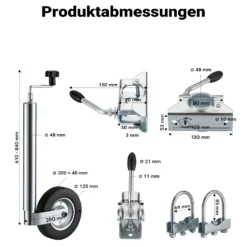 Wiltec Stützrad für Anhänger bis 362 kg ø48 mm, Bugrad inkl. Klemmhalter & Schellen, Abstellstütze mit pannensicheren Reifen