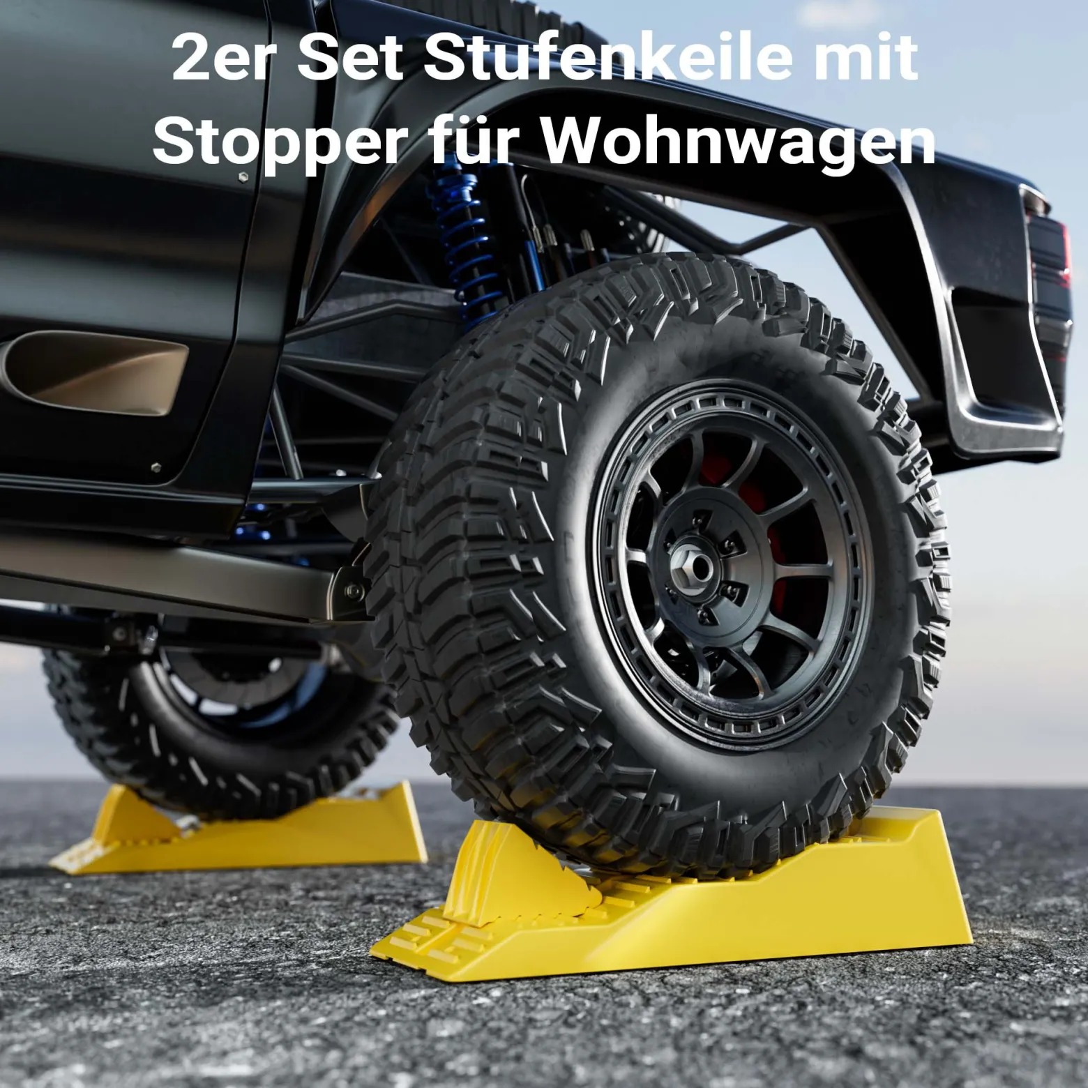 Wiltec Stufenkeile Paar 40/70/100 mm mit Stopper, Auffahrkeile 2er-Set mit 3 t Traglast, Ausgleichskeile für Wohnwagen, Wohnmobil, Camper usw.