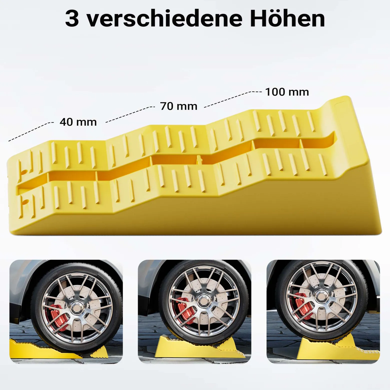 Wiltec Stufenkeile Paar 40/70/100 mm mit Stopper, Auffahrkeile 2er-Set mit 3 t Traglast, Ausgleichskeile für Wohnwagen, Wohnmobil, Camper usw.