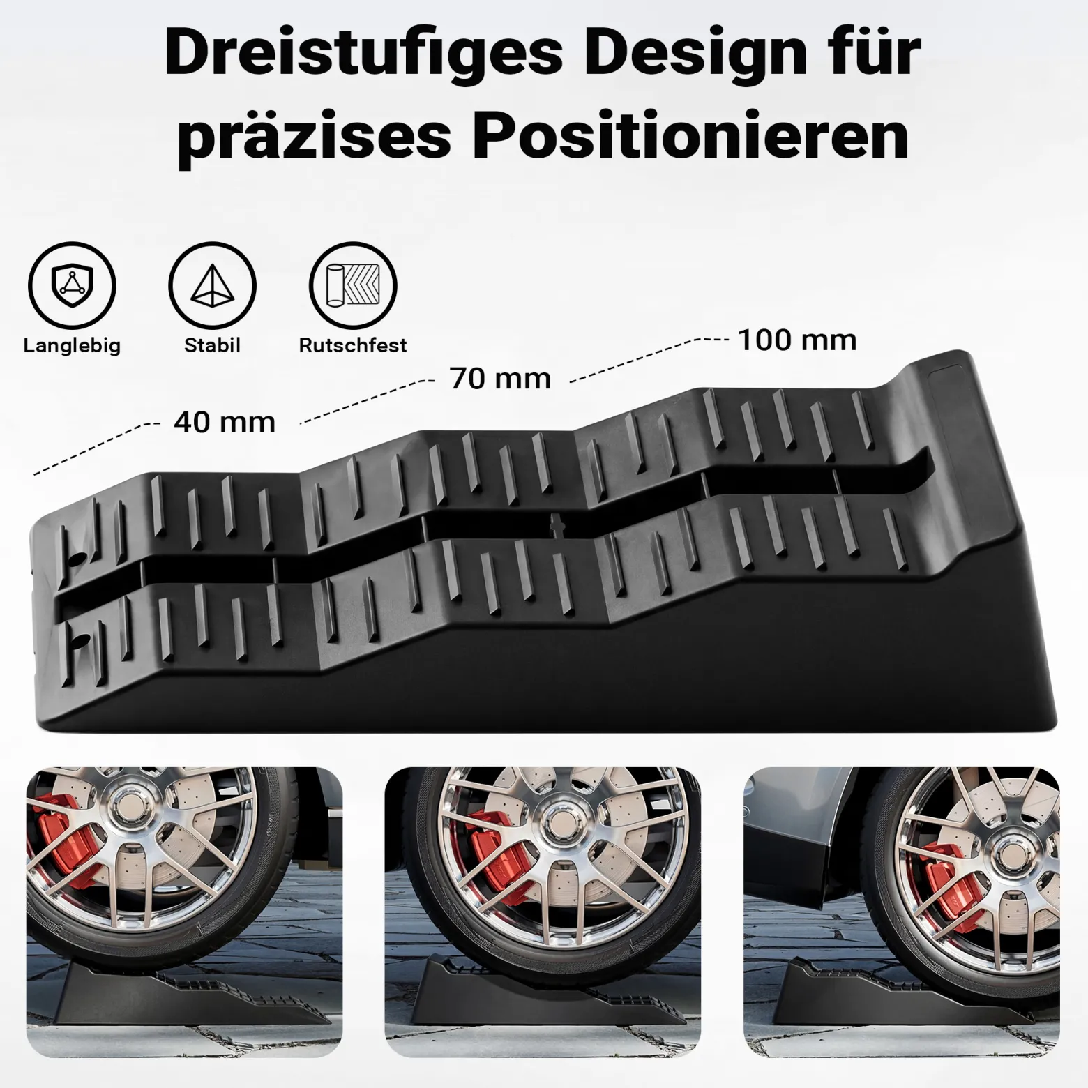 Wiltec Stufenkeile Paar 40/70/100 mm 5 t, Auffahrkeile 2er-Set mit 3 Höhenstufen, Ausgleichskeile für Wohnwagen, Wohnmobil, Camper
