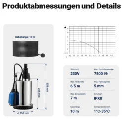 Wiltec Tauchpumpe bis 7500l/h, max. Förderhöhe 6,5m, Schmutzwasserpumpe 400W, Fremdkörper bis 5mm