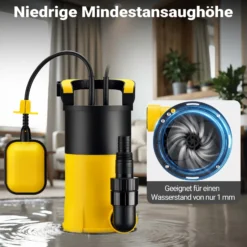 Wiltec Tauchpumpe mit Schwimmer 400 W, flachabsaugende Pumpe bis 1 mm, Tiefbrunnenpumpe 5 m Förderhöhe und 7 m Tiefe, Flachsaugerpumpe für Klarwasser