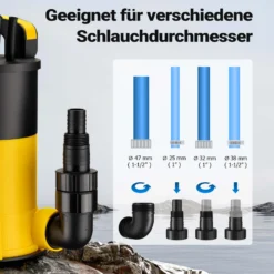 Wiltec Tauchpumpe mit Schwimmer 400 W, flachabsaugende Pumpe bis 1 mm, Tiefbrunnenpumpe 5 m Förderhöhe und 7 m Tiefe, Flachsaugerpumpe für Klarwasser