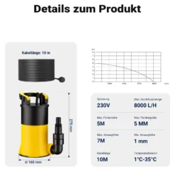 Wiltec Tauchpumpe mit Schwimmer 400 W, flachabsaugende Pumpe bis 1 mm, Tiefbrunnenpumpe 5 m Förderhöhe und 7 m Tiefe, Flachsaugerpumpe für Klarwasser