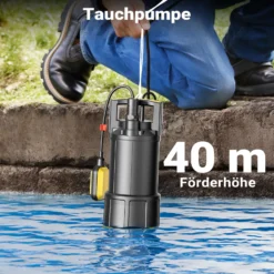 Wiltec Tauchpumpe mit Schwimmerschalter 1200 W, Tiefbrunnenpumpe bis 7 m Tiefe, Brunnenpumpe 40 m Förderhöhe, Wasserpumpe für Klarwasser